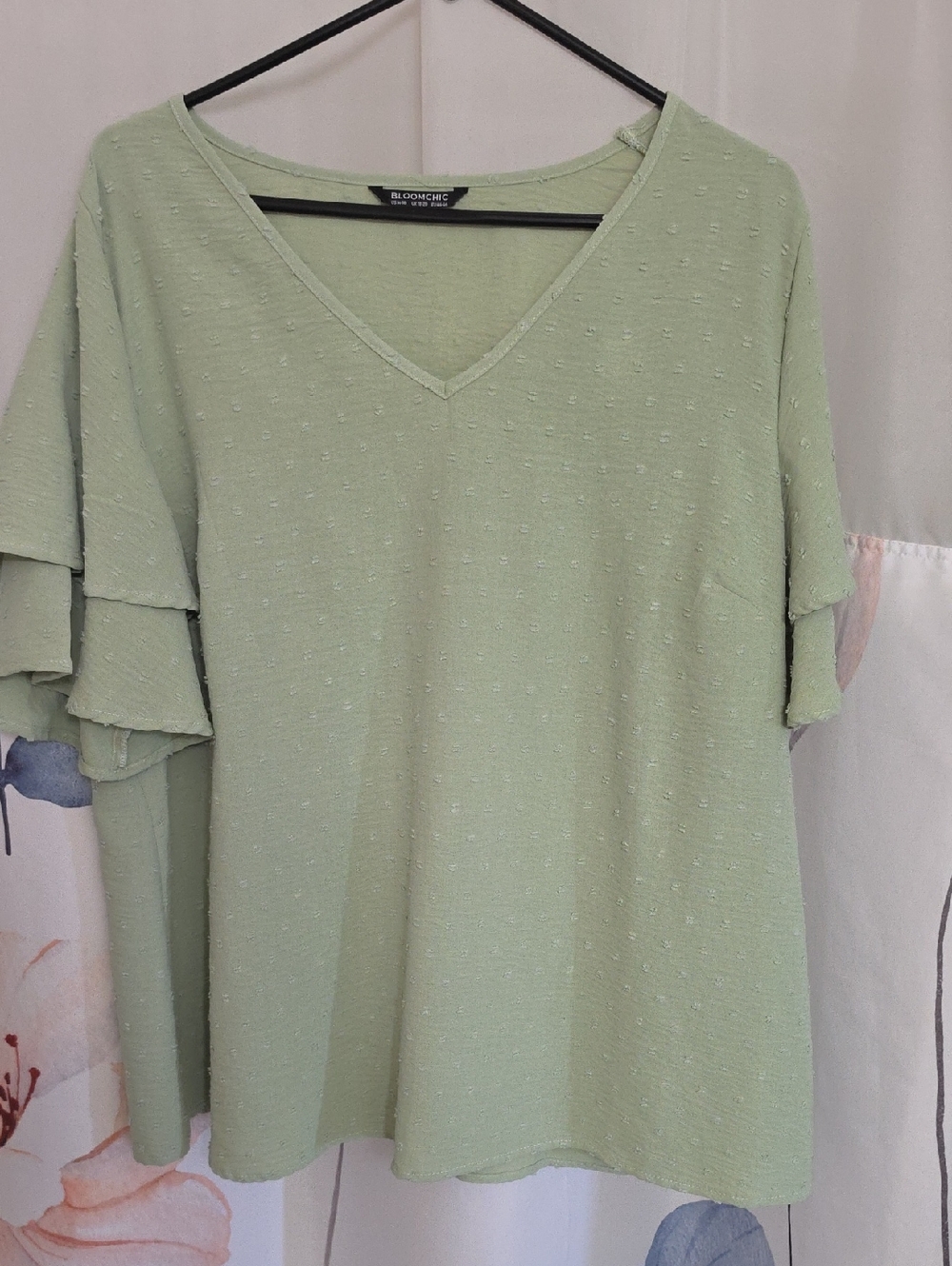 Sage Green V-Neck Short Sleeve Ruffle Top